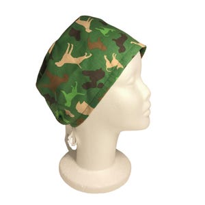 Green Camo Dog Print Scrub Cap | Adjustable Surgical Cap with Ties | Vet Tech, Nurse, Doctor Hat