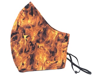 Black Orange Fire Flames face mask covers with nose wire & filter pocket • Fall gift for her • Back to school gift for him