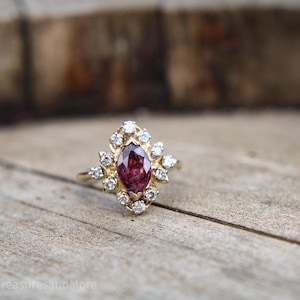 Vintage Ruby Diamond 14K Cocktail Ring | Marquise Ruby with Diamond Surround in 14K Yellow Gold | Estate Ring