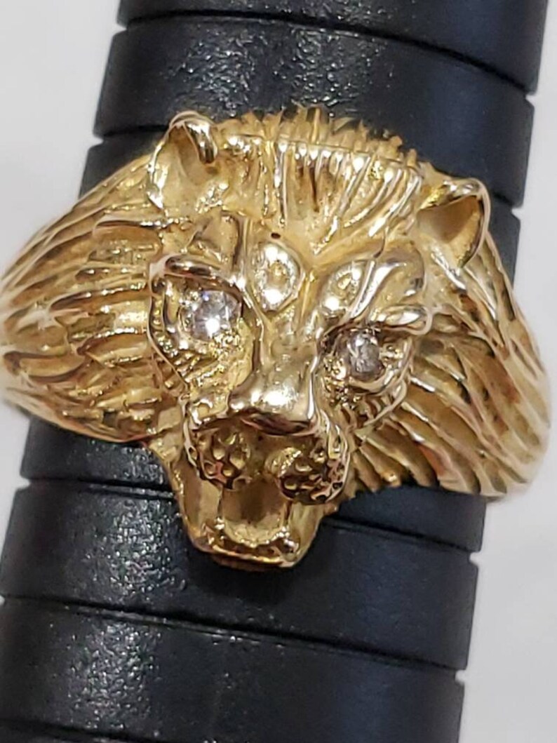 14K Lion Head Ring Diamond Eyes / Mens Lion Head Ring / 14K Etsy