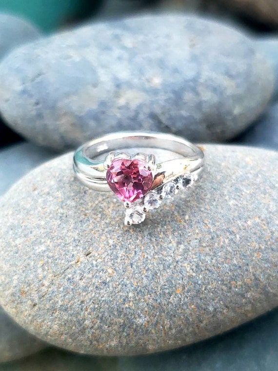 Pink Sapphire Heart Sterling Silver Ring / Promise