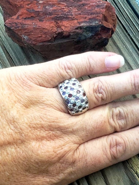 Silver Tone Wide Ring with Multistones / Garnet /… - image 6