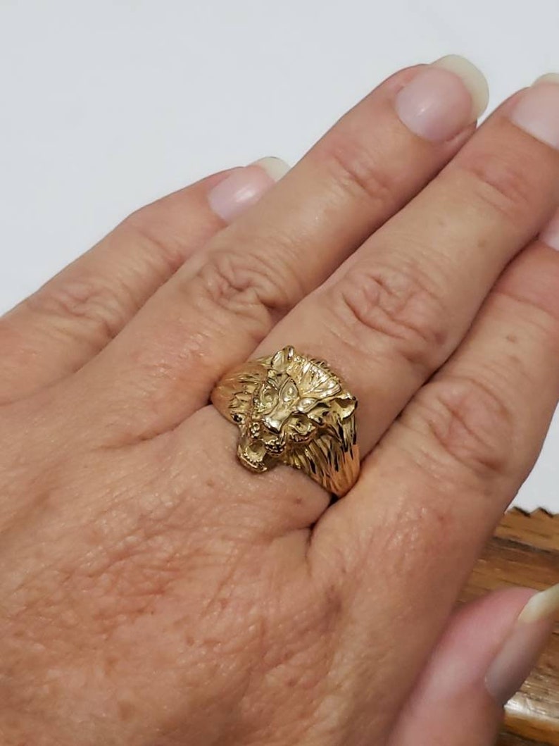 14K Lion Head Ring Diamond Eyes / Mens Lion Head Ring / 14K Etsy