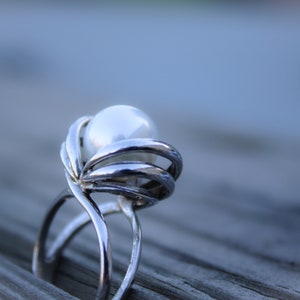 Large Pearl Modern Style Sterling Silver Ring / Pearl 925 Sterling Silver Ring / Unique Pearl Silver Ring