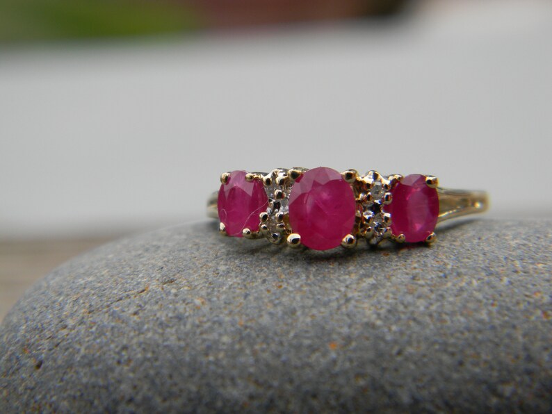 Ruby Diamond 10K Yellow Gold Ring / Three Stone Ruby and Diamond Gold Ring 10K image 5