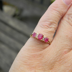 Ruby Diamond 10K Yellow Gold Ring / Three Stone Ruby and Diamond Gold Ring 10K image 4