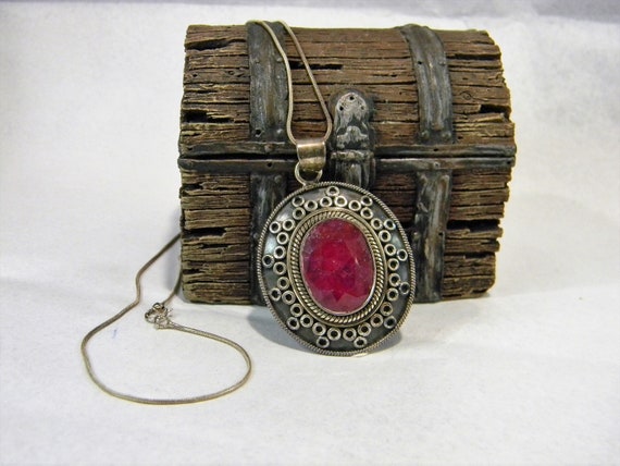 Vintage Stauer Ruby Sterling Silver Necklace / La… - image 1