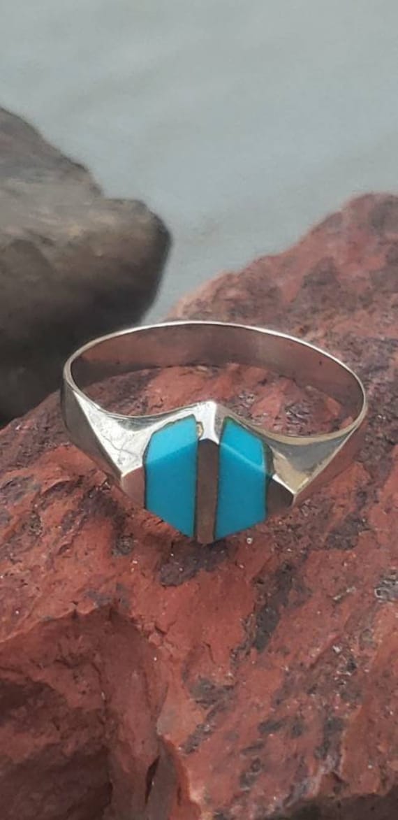 Turquoise Inlaid Sterling Silver Ring - Light Blu… - image 1