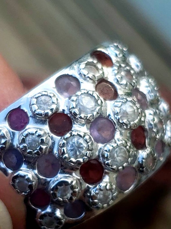Silver Tone Wide Ring with Multistones / Garnet /… - image 3