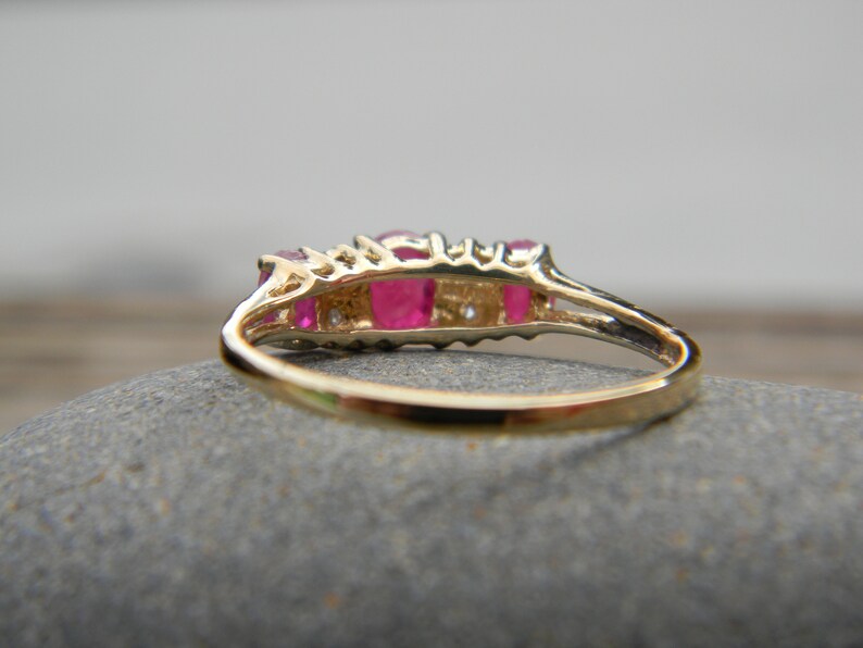 Ruby Diamond 10K Yellow Gold Ring / Three Stone Ruby and Diamond Gold Ring 10K image 2