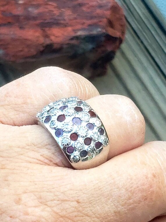 Silver Tone Wide Ring with Multistones / Garnet /… - image 5