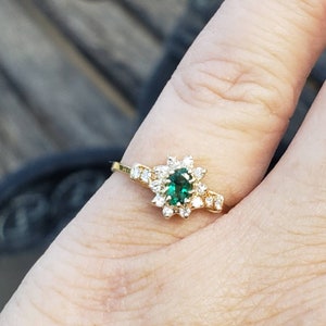 Emerald Diamond Halo 14K Yellow Gold Ring - Vintage Oval Emerald Halo Engagement Ring, Birthstone Jewelry, Size 6.5