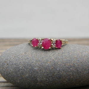 Ruby Diamond 10K Yellow Gold Ring / Three Stone Ruby and Diamond Gold Ring 10K image 1