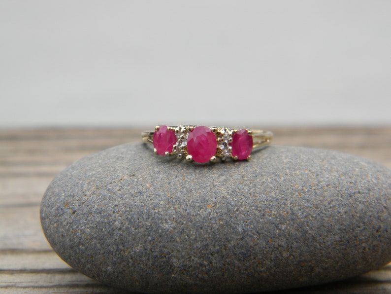 Ruby Diamond 10K Yellow Gold Ring / Three Stone Ruby and Diamond Gold Ring 10K image 1