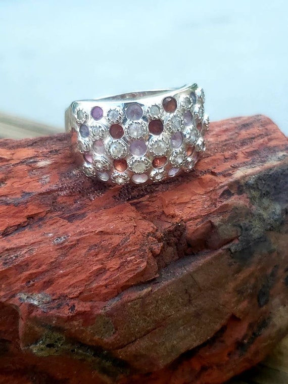 Silver Tone Wide Ring with Multistones / Garnet /… - image 1