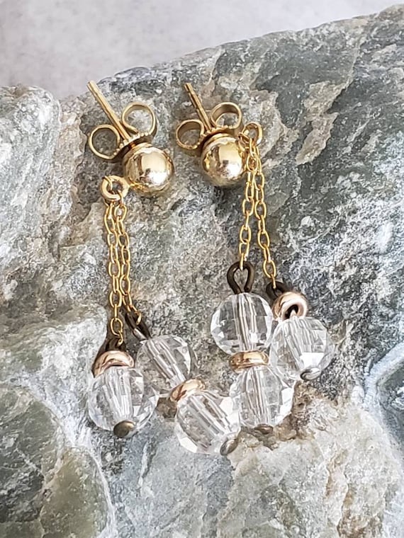Gold Chandelier Earrings 14K Gold Clear Bead Chain Drop Earrings