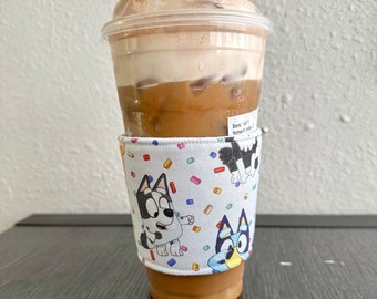 Bluey and Friends Fabric Coffee Cup Cozy - Reusable, Coffee Sleeve, Hot or Iced Coffee Cover