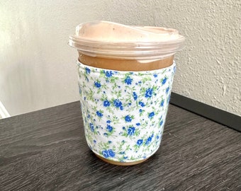 Blue Mini Flowers Fabric Coffee Cozy - Cup Cozy, Reusable, Coffee Sleeve, Hot or Iced Coffee Cover