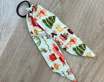 Vintage Christmas Print Hair Tie Scarf - Winter, Holiday Season, Gingerbread Man, Knotted Scarf, Hair Scarf, Hair Accessories