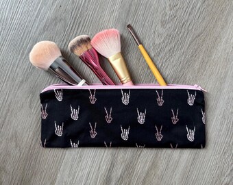 Pink Skeleton Hand Zipper Pouch: Rock n Roll Makeup Brush or Pencil Bag