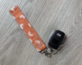 Burnt Orange Rainbow Print Wristlet Keychain - Keychain, Fabric Wristlet, Fabric Keychain, Keyfob