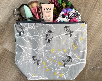 Bird Print Large Zipper Bag - Cosmetic Bag, Travel Pouch, Standing Zipper Bag