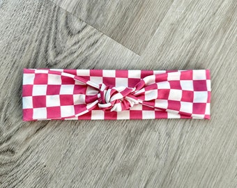 Pink Checkered Knotted Headband - Soft Adult Headband, Stretchy Headband