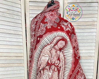 Rebozo Virgen de Guadalupe-Virgen de Guadalupe Shawl/Wrap-Our Lady of Guadalupe, Gold threading thoughout.