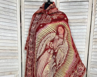 Rebozo Virgen de Guadalupe-Virgen de Guadalupe Shawl/Wrap-Our Lady of Guadalupe, Gold threading though out