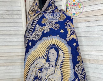 Rebozo Virgen de Guadalupe-Virgen de Guadalupe Shawl/Wrap-Our Lady of Guadalupe, Gold threading though out