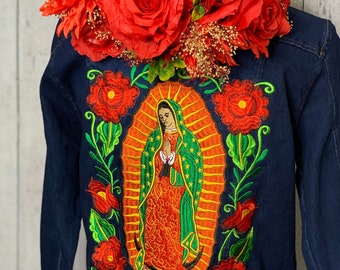 Our lady of Guadalupe Embroidered Denim Jacket-Virgen de Guadalupe Chamarra de mezclilla bordada