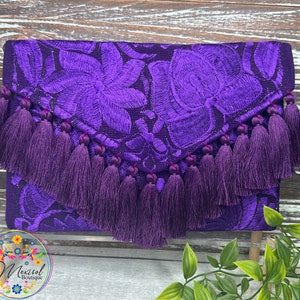 Mexican Clutch, Floral Embroidered, Silk Tassel Artisan Mexican Purse, Shoulder bag, Crossbody Strap