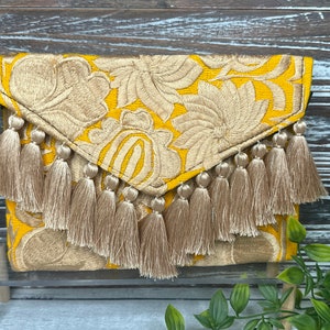 Mexican Clutch, Floral Embroidered, Silk Tassel Artisan Mexican Purse, Shoulder bag, Crossbody Strap