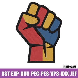 May include: An embroidered fist in red, yellow, and blue, with a black outline. The image features the text "FIRESQUARE" and a code at the bottom. The design is bold and graphic.