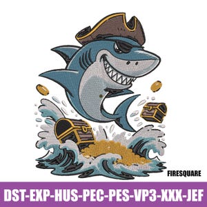 Op de afbeelding: Een cartoon haai met een piratenhoed en ooglap, opkomend uit oceaangolven. De haai grijnst breed, met schatkisten en gouden munten eromheen. De afbeelding bevat de tekst "FIRESQUARE".
