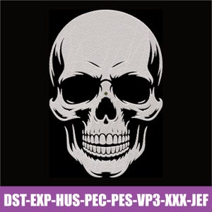 May include: An embroidered white skull design on a black background. The skull features detailed shading, deep eye sockets, and a visible nasal cavity. Below the skull, the text reads DST-EXP-HUS-PEC-PES-VP3-XXX-JEF in white capital letters.