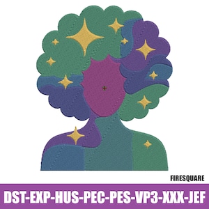 Disegno astratto per ricamo a macchina di una testa di donna / File digitale per ricamo di una donna celeste con capelli stellati per abbigliamento e artigianato.
