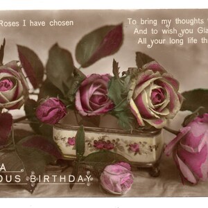 Vintage Birthday Card. Roses. c1925 Tooting, London UK