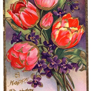 Vintage Birthday Card.  c1920, Tulips