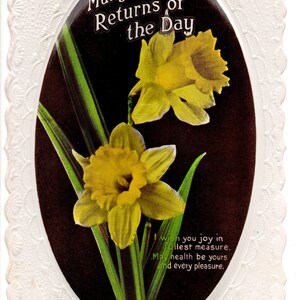 Carte d’anniversaire vintage des années 1940. Jonquilles