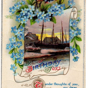 1924 vintage Birthday Card. Swallows, Schooner