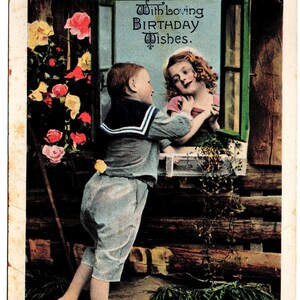 Carte d’anniversaire vintage des années 1930. Roses et enfants