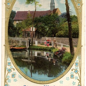 Vintage Greetings Card.  c1920, Village scene