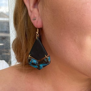 Black, Teal, and Gold Marble Polymer Clay, Resin Coated, Dangle Earrings, Sterling Silver Gold Ear Wires