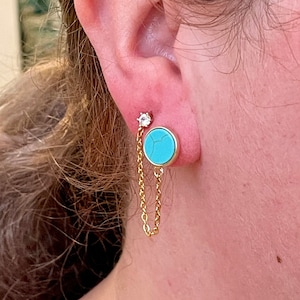 Turquoise Gemstone Huggie and Stud Earring Dangle Chain, Single Earring, Gold Plated