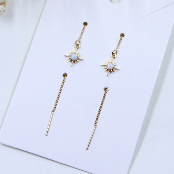 White Opal Star Charm Threader Earrings, Gold or Silver Plated