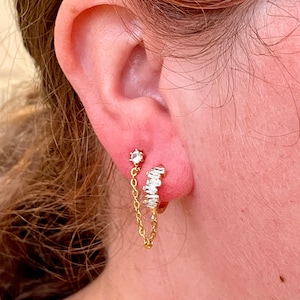 Diamond or Pearl Huggie Stud Earrings, Dangle Chain, Gold Plated