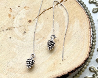 Pinecone Charm Threader Earrings - Gold or Silver Plated