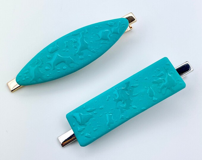 Water Droplet Effect Resin on Polymer Clay Turquoise Hair Clips, Metal