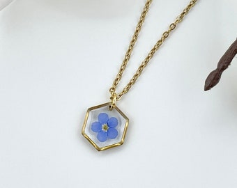 Blue Forget Me Nots Flower Resin Necklace, Hexagon or Circle, Gold Stainless Steel Cable Chain